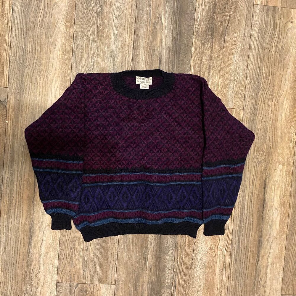 Nomadic Traders 100% pure wool fair isle style pattern sweater magenta pink navy